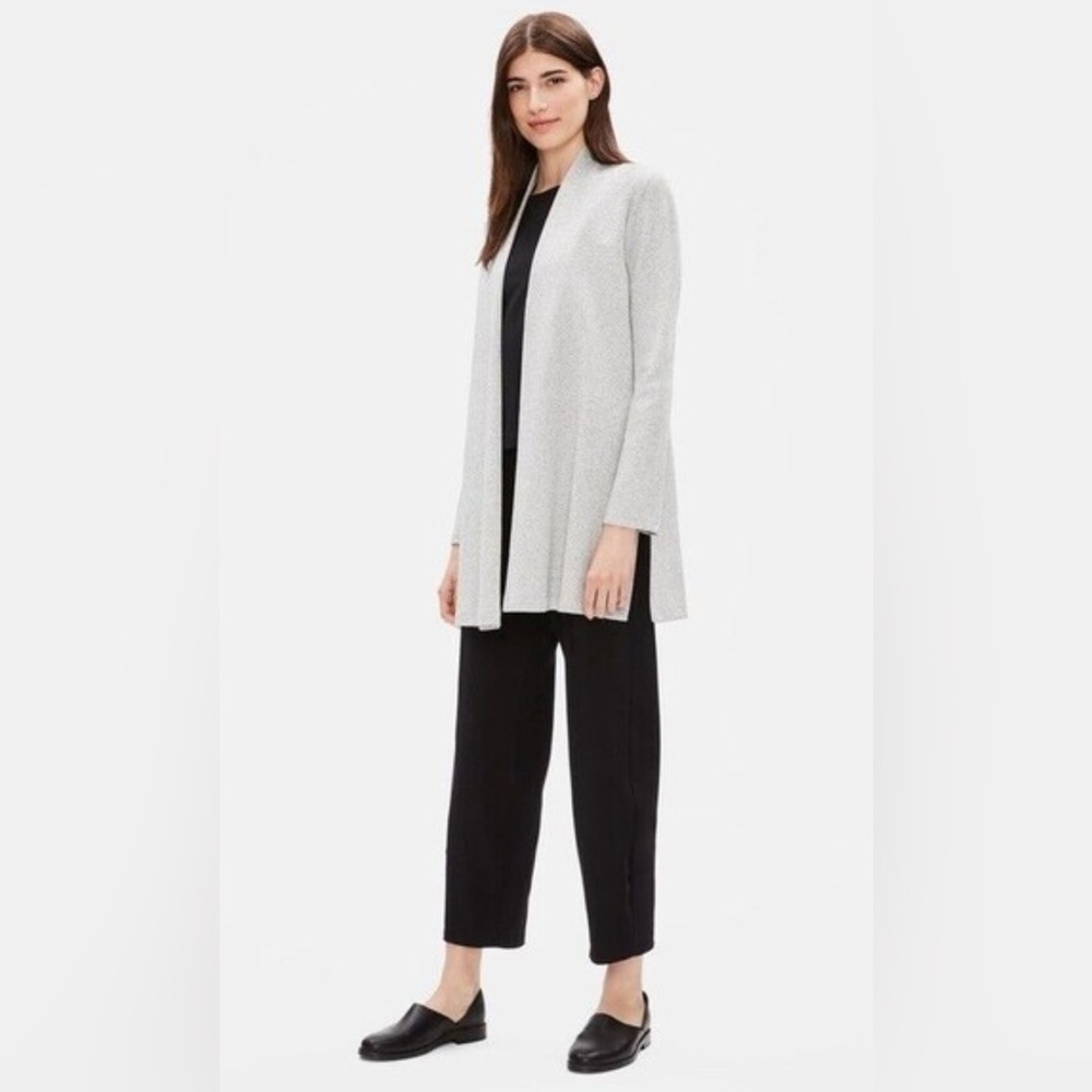 EILEEN FISHER Open-Front Cardigan Organic Blend Herringbone Gray White L (EUC)